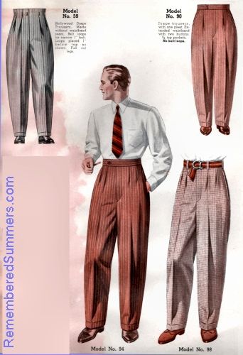 Trousers, 1930, from a menswear catalog. Courtesy of Remembered Summers. Mens Fashion 1950, Mens Fashion 1930s, 1950s Fashion Menswear, 1940s Costume, 1950s Mens Fashion, Fashion 1950, 1950s Mens, Look Retro, Vintage Mens Fashion