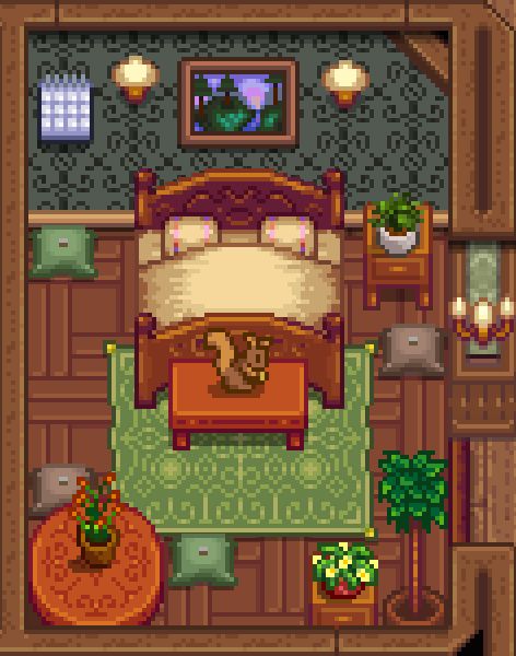 Cozy Stardew Valley House, Dark Academia Stardew Valley House, Stardew Valley Southern Room, Stardew Bedroom Design, Stardew Valley House Interior Vanilla, Stardew Valley Flower Dance Dress, Stardew Valley House Interior Ideas No Mods, Stardew Room Design, Stardew Valley Chest Organization