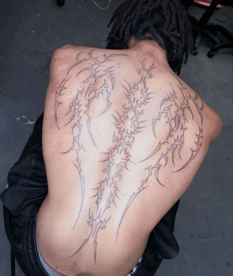 Top Middle Back Tattoo, Back Cybersigilism Tattoo, Demon Wings Back Tattoo, Wing Ridden Angel Tattoo, Back Tattoo Cybersigilism, Cybersigilism Spine Tattoo, Neotribal Back Tattoo, Cybersigilism Wings, Back Tattoos Wings