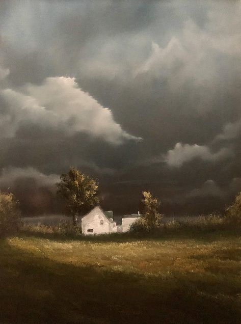 French Countryside Landscape, Landscape Drawing Inspiration, Classical Art Landscape, Tonal Painting Landscapes, Thunderstorm Oil Painting, Stormy Landscape Painting, Light In The Landscape Art, Tonal Landscape Paintings, Gloomy Painting Ideas