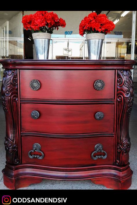 This oversized nightstand was painted in General Finishes holiday red with pitch black glaze. Sealed in matte clearcoat. Red Nightstand, Red Painted Furniture, Red Dresser, Red Furniture, Unicorn Spit, Chalk Painting, General Finishes, Black Glaze, Furniture Rehab