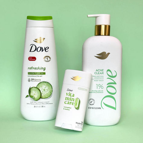 A bottle of Dove Mango & Almond Butters Body Wash sits against a pastel yellow background. There are cutouts of a sunflower, bikini top, shell, glass of orange juice and a shell bracelet positioned around the product, arranged in a scrapbook style Cucumber Deodorant, Cucumber Scent, Dove Deodorant, Dove Body Wash, Fresh Fragrance, Cucumber Melon, Hygiene Products, Grade 6, Clear Acne