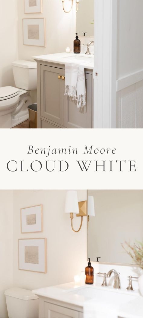 White Bathroom Paint Colors, Neutral Powder Room, Warm Neutral Bathroom, Off White Bathroom, White Bathroom Colors, Neutral Bathroom Colors, Benjamin Moore Bathroom, Benjamin Moore Cloud White, White Bathroom Paint