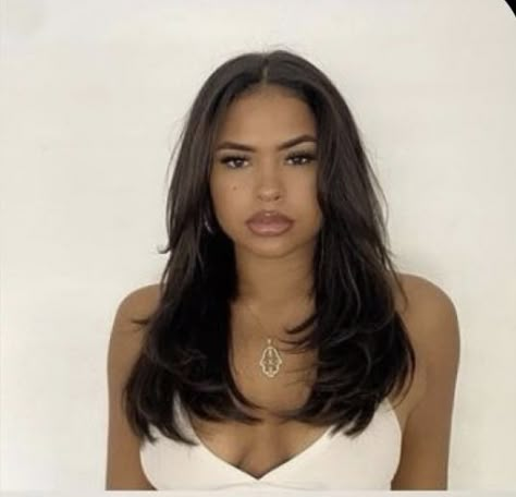 Short Dark Hair Middle Part, Layered Blowout Hair Black Women, Medium Length Straight Hair Black Women, Straight Hair Layers Black Women, Black Hair With Gold Highlights, Blowout On Medium Length Natural Hair, Mixed Girl Straight Hair, Silk Press Blowout, Side Part With Curtain Bangs