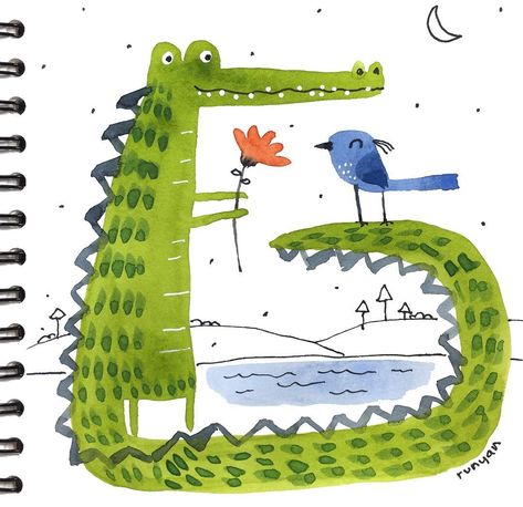 Crocodile Illustration, Alligators Art, Terry Runyan, Kids Collage, Art Creativity, Bird Drawings, Art And Illustration, Arte Floral, Childrens Illustrations