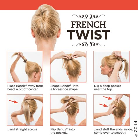 Printable instructions for the French Twist. Easy Hair Up, French Roll Hairstyle, Roll Hairstyle, French Twist Hair, Long Face Hairstyles, Face Shape Hairstyles, Twist Hair, Classic Hairstyles, Athletic Hairstyles