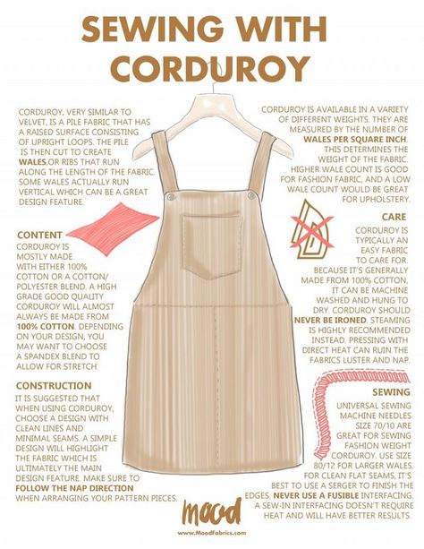 Corduroy Sewing Projects, Vintage Sewing Patterns Free, Unique Sewing Patterns, Tips For Sewing, Mood Fabrics, Diy Sewing Clothes, Corduroy Fabric, Fabric Projects, Sewing For Beginners