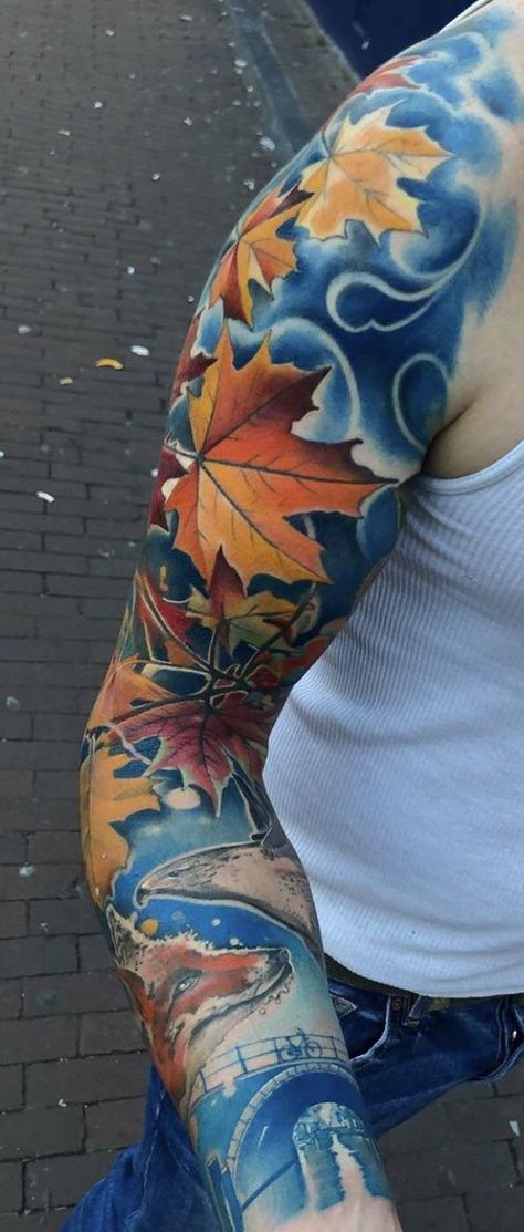 Fall Themed Tattoos Sleeve, Winter Tattoo Sleeve, Autumn Tattoo Sleeve, Seasons Tattoo Sleeve, Fall Tattoo Sleeve, Tattoo Sleeve Color, Fall Tattoo Ideas, Trail Marathon, Marathon Tattoo