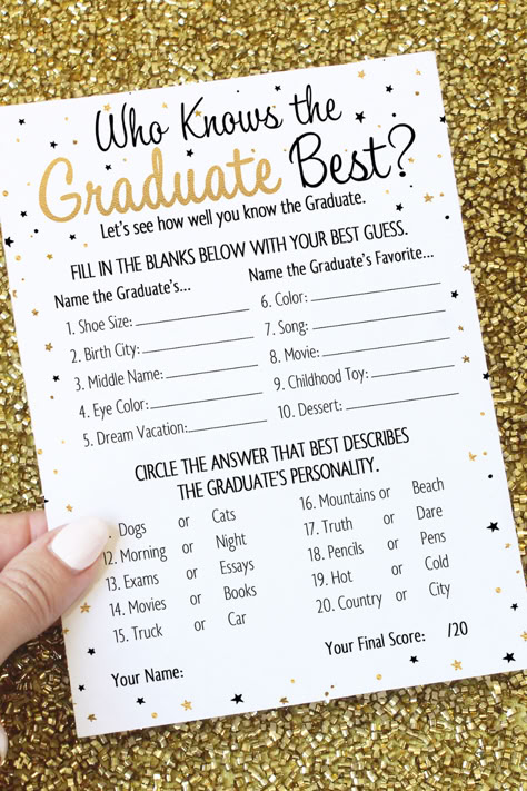 Graduation Party Game Who Knows the Graduate Best Grad Games Party Ideas, Grad Party Game Ideas, Grad Party Entertainment Ideas, Graduation Party Ideas Games, Graduation Party Activities Ideas, Diy Grad Party Decor, Graduation Game Ideas, Graduation Games Ideas, Graduation Party Game Ideas