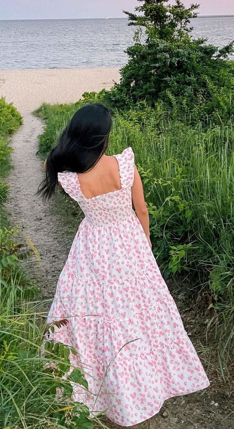 Pretty Sundress Aesthetic, Pastel Pink Sundress, Modest Sundress Aesthetic, Floral Sundress Aesthetic, Long Sundress Aesthetic, Modest Feminine Aesthetic, Beach Long Dress Summer Outfits, Pink Sundress Aesthetic, Chance Aesthetic