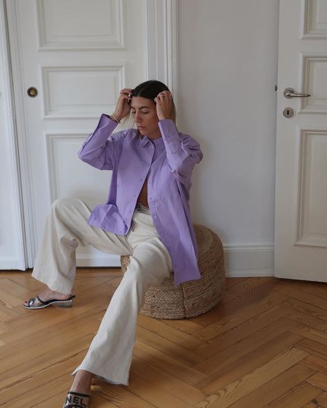 Couture Face Mask, Linen Shirt Outfit, Aylin Koenig, Button Down Outfit, Lavender Shirt, Matching Sets Outfit, Spring Shirts, Linen Trousers, Spring Summer Outfits