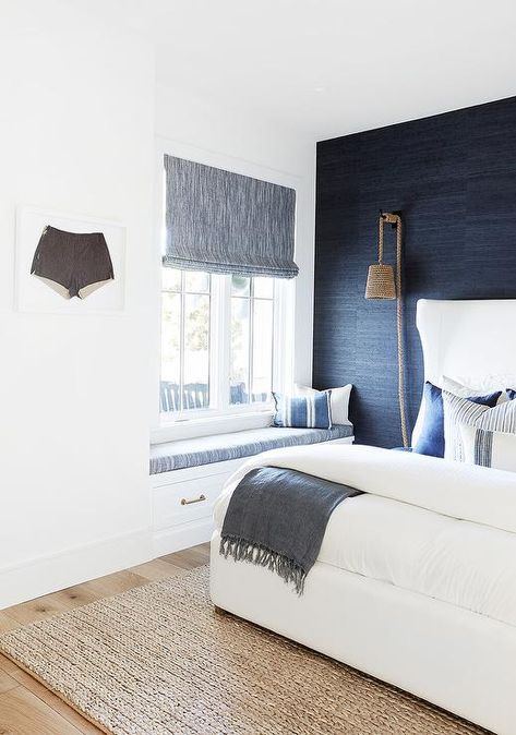 Navy Blue Accent Wall with White Bed - Cottage - Bedroom Salt Interiors, Owners Suite, Pure Salt Interiors, Summer Rugs, Grey Accent Wall, Blue Accent Walls, Pure Salt, Grey Headboard, Bedroom Accent