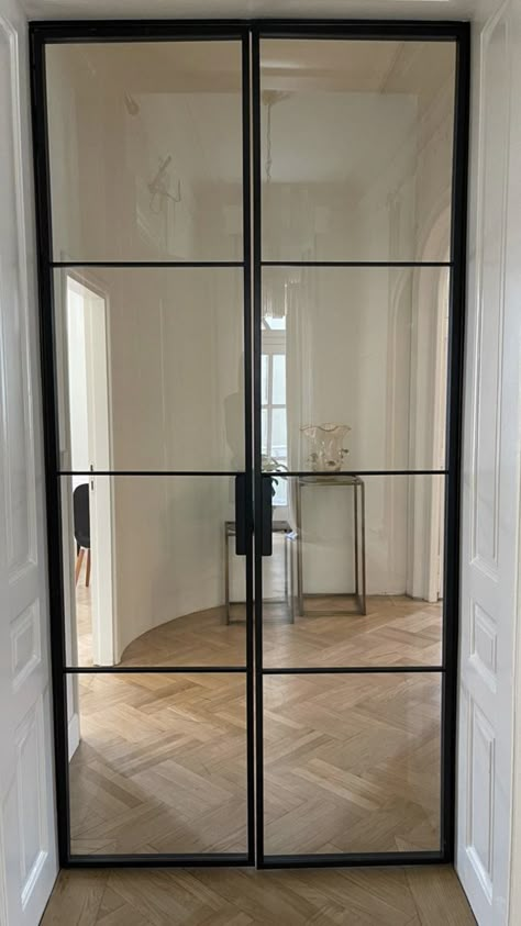 Glass Doorway Interior, Metal Frame Glass Door, Glass Door To Office, Iron And Glass Office Doors, Glass Door To Kitchen, Black Framed Glass Doors, Glass Bedroom Doors, Glass Doors Black Frame, Interior Crittal Doors