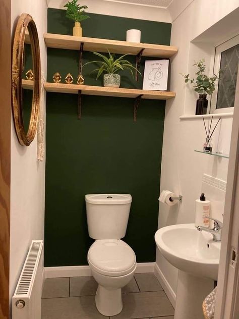 Olive Green Cloakroom Toilet, Jungle Green Bathroom, Green Small Toilet Room, Olive Green Toilet Room, Green Wc Ideas, Green Downstairs Toilet Ideas, Dark Green Toilet, Green Toilet Room, Olive Green Bathroom Ideas