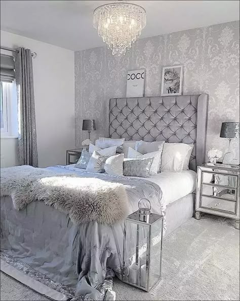 Silver Bedroom Ideas, White And Silver Bedroom, Silver Bedroom Decor, Silver Bedroom, Chic Dresser, Luxury Room Bedroom, Classy Bedroom, Glam Bedroom, Luxury Room