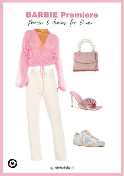 Pink, lightweight, long-sleeve top, ivory jeans, pink mules, white and pink sneakers, and pink handbag with pearl hand strap. Barbie Movie Premiere, Hi Barbie, The Barbie Movie, Barbie Movie, Movie Premiere, Barbie Movies, Mom Dad, Mom And Dad, Baby Pink