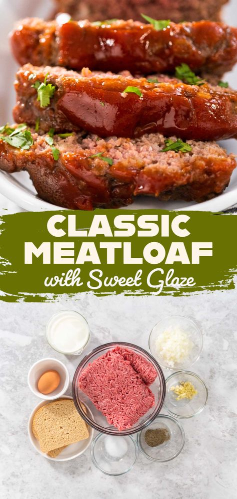 Classic Meatloaf with Sweet Glaze Quick Easy Meatloaf Recipe, Easy Meatloaf Recipe, Meatloaf Pan, Meatloaf Glaze, Easy Coleslaw, Homemade Meatloaf, Meatloaf Ingredients, Classic Meatloaf Recipe, Bourbon Glaze