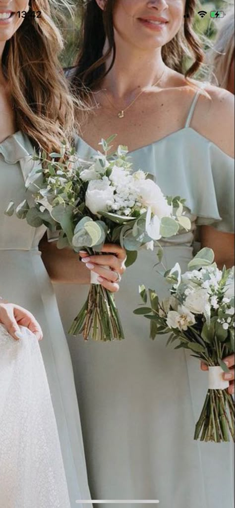 Sage Green And White Bridesmaid Bouquet, Sage Green Aisle Decor, Sage Green Wedding Bouquet Bridesmaid, White And Green Wedding Flowers Bridesmaid Bouquets, Sage Green Wedding Flowers Bouquets, Bridesmaids Flowers Bouquet, Sage Green Bridal Bouquet, Simple Bridesmaid Bouquet, Bridal Bouquet With Eucalyptus