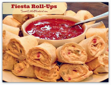 Fiesta Roll-Ups!  Simple to make, so good!  Only 4 ingredients.  | SweetLittleBluebird.com Salsa Pinwheels, Tortilla Rolls, Roll Ups Tortilla, Recipes Appetizers And Snacks, Tortilla Wraps, Finger Food Appetizers, Think Food, Roll Ups, Party Food Appetizers