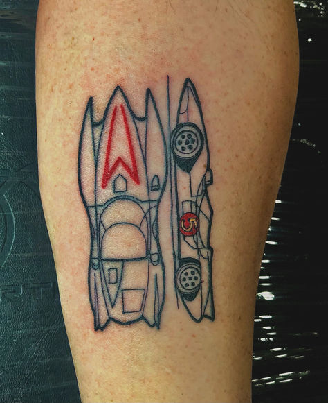 Speed Racer Fan's Anime Tattoo By Binky Warbucks. Binky designed this Speed Racer diagram to for a fan's nostalgia The tattoo is an unmistakable replica of the famed car in the cartoon series. Iron Palm is downtown Atlanta's only late night tattoo shop. We're open until 2AM most nights. Walk ins are welcome. Speed Racer Tattoo, Ink Tree, Night Tattoo, Atlanta Art, Palm Tattoos, Manga Tattoo, Downtown Atlanta, S Tattoos, Speed Racer