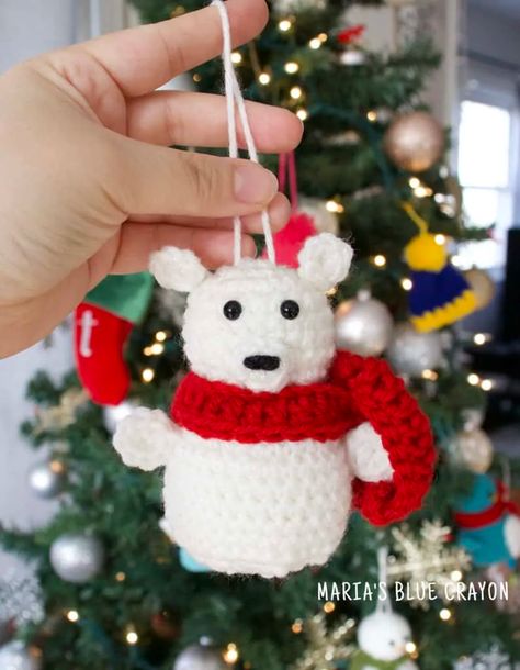 Crochet Polar Bear Christmas Ornament Pattern - Maria's Blue Crayon Polar Bear Amigurumi, Crochet Polar Bear, Ornament Crochet, Polar Bear Ornaments, Crochet Holiday, Crochet Ornament Patterns, Blue Crayon, Crochet Cup Cozy, Bear Amigurumi