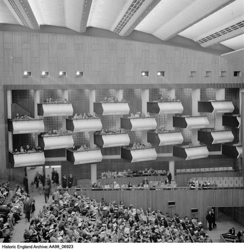 AA98/06923 Interior view of the Royal Festival Hall showing people in the stalls and boxes. Royal Festival Hall, Belvedere Road, South Bank, Greater London Authority, SE1. 1954 - 1962, Eric De Mare. Background References, Mid Century Modern Bar, Uk History, Interior View, Festival Hall, London Architecture, London Theatre, English Heritage, South Bank