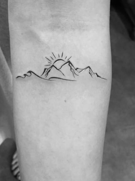 Mountain Sunset Tattoo Minimalist, Arizona Mountain Tattoo, Wave And Mountain Tattoo Simple, Small Outdoor Tattoos, Mountain Ocean Sun Tattoo, Mountain And Waves Tattoo, Moonrise Tattoo, Small Mountain Tattoos For Women, Hills And Valleys Tattoo