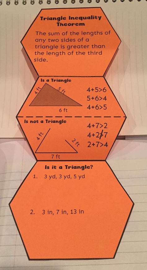 Triangle Inequality Theorem--A foldable and journaling for students to explain when side lengths make a triangle. Triangle Inequality Theorem Activities, Transversal Angles, Triangle Inequality Theorem, Teaching Aids For Maths, Inequalities Worksheet, Triangle Inequality, Triangles Activities, Geometry Notes, Seventh Grade Math