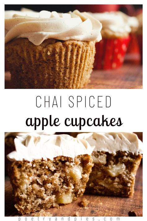 Apple Chai Muffins, Apple Chai Cupcakes, Chai Apple Cake, Apple Chai Cake, Chai Baking Recipes, Chai Tea Cupcakes Recipe, Chai Tea Cupcakes, Carmel Desserts, Fall Cupcakes Recipes