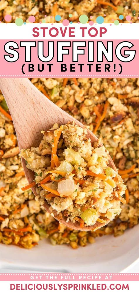 Looking for Christmas side dish ideas? Learn how to make boxed stuffing better! This holiday dinner idea is easy enough for beginners. Plus, this baked stove top stuffing tastes more like homemade! Stove Top Stuffing Copycat, Stuffing With Boxed Stuffing, Stovetop Stuffing Mix Recipes, Upgrade Box Stuffing, Diy Stove Top Stuffing, Copy Cat Stove Top Stuffing Recipe, How To Jazz Up Boxed Stuffing, Stove Top Stuffing Recipes Doctored, Best Boxed Stuffing Recipe