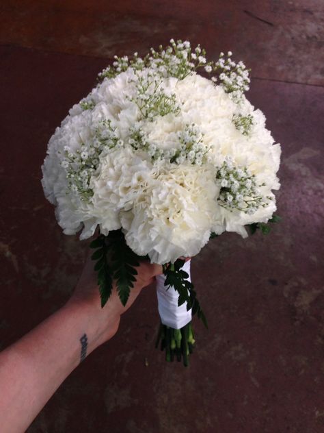 Bridal bouquet, white carnations, babies breath, all white, wedding flowers, Memphis, tn White Carnation Bouquet, Carnation Wedding Bouquet, Carnation Wedding Flowers, Baby's Breath Bridal Bouquet, Carnation Bridal Bouquet, Carnation Wedding, Bridal Bouquet White, White Carnations, Carnation Bouquet