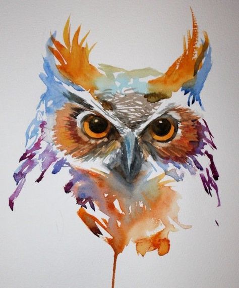 Owl Drawing Watercolor, Watercolour Owl Painting, Watercolour Art Ideas, Colorful Owl Art, Watercolour Owl, Colourful Animals, Colourful Watercolour, Owl Watercolor, Owl Artwork