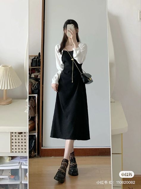 Black Korean Dress Outfit, Korean Dress Outfit Elegant, Dress As A Skirt Outfit, How To Style Black Dress Casual, Modest Fashion Outfits Korean, Cute Korean Outfits Dresses, Dress Korean Style Simple, Korean Dress Casual, Ootd Korean Style