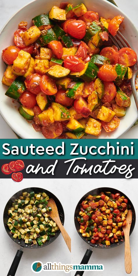 Sautéed Zucchini and Tomatoes collage image. top image shows a top down shot of a bowl of Sautéed Zucchini and Tomatoes. the bottom left shows a step cooking chopped zucchini, the bottom right shows Sautéed Zucchini and Tomatoes in a large pan. Sautéed Zucchini And Tomatoes, Zucchini Tomato Onion Saute, Sauteed Zuchinis Recipe, Courgette And Tomato Recipes, Sauteed Zucchini And Tomato Recipes, Zucchini And Tomatoes Sauteed, Zucchini With Tomatoes Recipes, Zucchini Tomatoes Recipes, Zucchini And Tomatoes Recipes