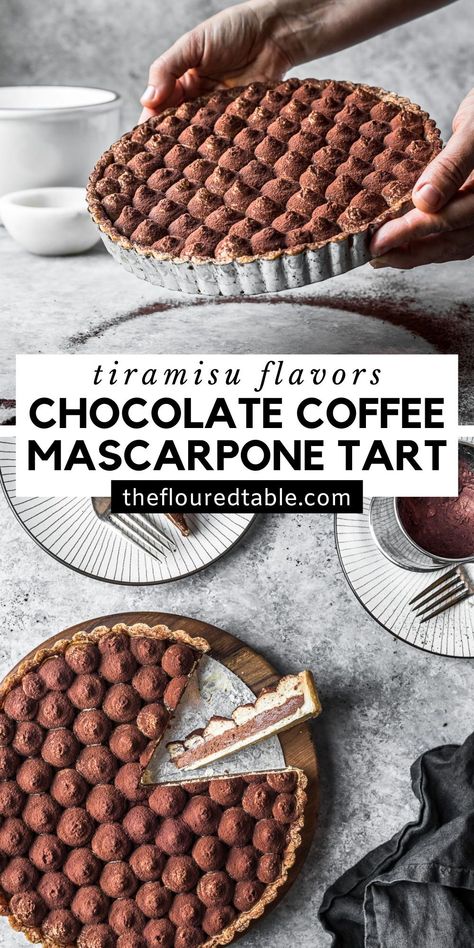 Indulge in the ultimate tiramisu-inspired treat—no eggs, no booze, just pure decadence. This Chocolate Coffee Mascarpone Tart starts with a buttery sweet shortcrust (pâte sucrée), followed by a silky smooth chocolate mascarpone filling and a whipped coffee mascarpone topping. A dusting of cocoa powder ties it all together for an elegant dessert with all the tiramisu vibes. Mascarpone Tart, Chocolate Mascarpone, Mascarpone Filling, Tart Dough, Whipped Coffee, Cream Cheese Eggs, Tart Shells, Shortbread Crust, Chocolate Cheese