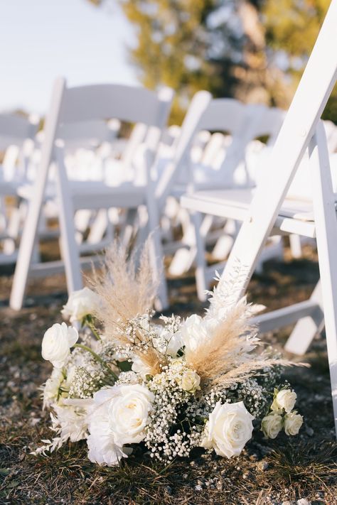 Bluegrass Chic | Modern Boho Wedding White Rock Canyon Boho Babies Breath Pampas Grass Boho Aisle Marker White Boho Wedding Flowers, Aisle Marker Flowers, Wildflower Wedding Aisle, Boho Wedding Aisle Decor, White Boho Wedding, White Rose Centerpieces, Grass Centerpiece, Boho Centerpiece, White Pampas