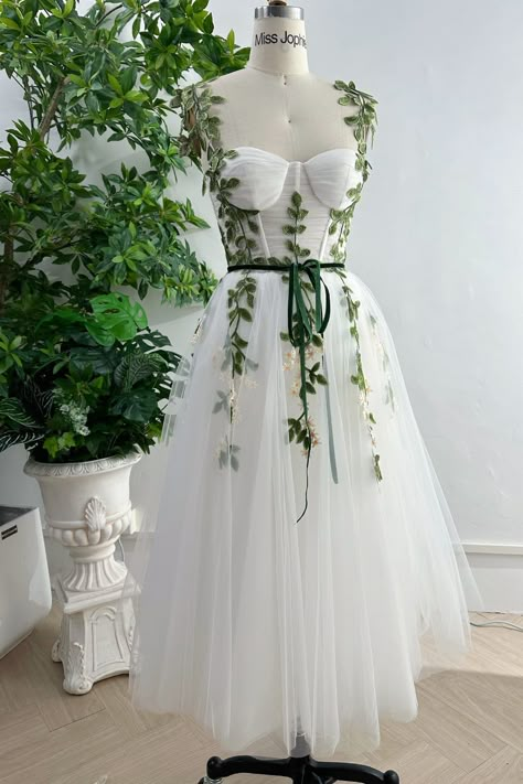 Reception Dress Green, Fairycore Wedding Guest Dress, Wildflower Wedding Dresses, Forest Inspired Dress, Goblincore Wedding Dress, Garden Theme Dress, Garden Of Time Dress, White Lace Corset Dress, Leaf Wedding Dress