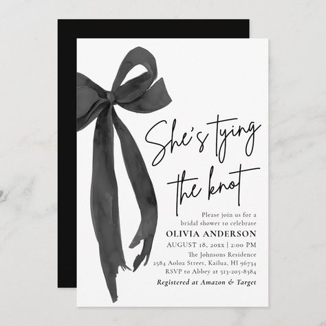 The "Black Bow She's Tying the Knot Bridal Shower Invitation" exudes elegance and sophistication, setting the perfect tone for a memorable celebration. Featuring a sleek black bow design, this invitation beautifully symbolizes the bride-to-be tying the knot. The minimalist yet stylish design captures attention and conveys a sense of excitement for the upcoming event. With its chic appearance, this invitation is sure to impress guests and leave a lasting impression. It's the ideal choice for honoring the bride as she embarks on this special journey towards marriage. Wedding Shower Black And White, Tied The Knot Bridal Shower Theme, Black Bow Bridal Shower Theme, Bow Themed Wedding, Bow Theme Bridal Shower Ideas, Bridal Shower Bows, Bridal Shower Details, She’s Tying The Knot Bridal Shower Invites, Bridal Shower Ideas Themed Elegant