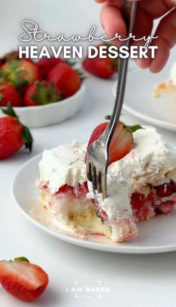 Strawberry Heaven Dessert is a layered dessert made with cubes of angel food cake topped with strawberry pie filling, vanilla pudding, and whipped cream. This no-bake dessert, also known as heaven on Earth cake is as easy to put together as it is to enjoy! Seriously, if you need a dessert that everyone will love, this is perfect. Heaven Dessert, Heaven On Earth Cake, Strawberry Heaven, Strawberry Angel Food Cake, Earth Cake, Angel Food Cake Desserts, Cool Whip Desserts, Fresh Strawberry Recipes, Layered Dessert