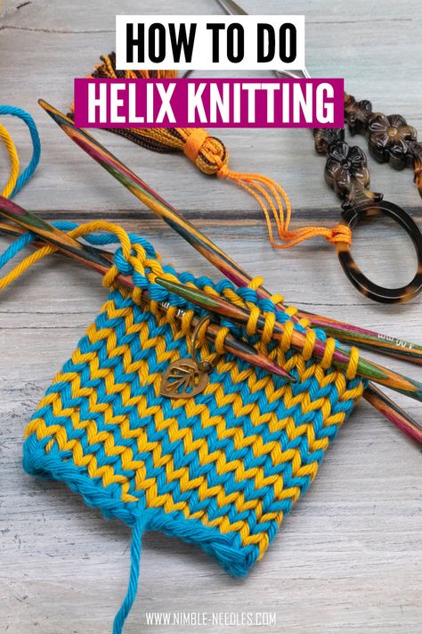 A step-by-step tutorial on how to do helix knitting. a unique and easy technique to knit perfectly jogless stripes in the round Helix Knitting, Mosaic Knitting, Knitting Hacks, Magic Loop, Bind Off, Circular Knitting Needles, Knit In The Round, Basic Concepts, Striped Socks