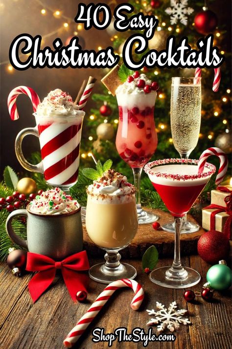 Festive Christmas Cocktails to Celebrate the Season - Shop The Style Christmas Themed Drinks Mocktails, Green Christmas Cocktails Holiday Drinks, Holiday Cocktail Bar Set Up, Starter Christmas Dinner, Christmas Beverages Alcoholic Cocktails, Unique Christmas Drinks, Christmas Specialty Drinks, Yummy Christmas Drinks, Festive Christmas Drinks Holiday Cocktails