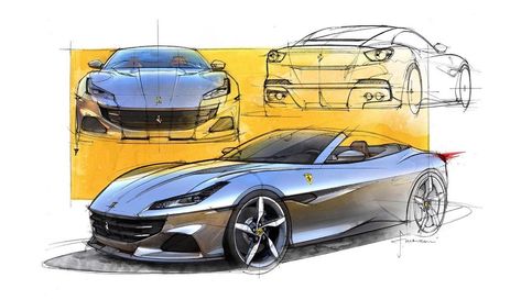 We first wrote about the Ferrari Portofino in our 2017 design story featuring design director Flavio Manzoni. Since then, the Ferrari California replacement has undergone a mid-cycle refresh to become the Portofino M – M stands for Modificata. There have been subtle revisions to the front and rear bumper valence as well as aerodynamic improvements in the transition, as well as a slight boost in power: the 3.9-liter V8 now puts out 612hp, a 20hp increase over the previous model. […] The pos Flavio Manzoni, Sketches Architecture, Ferrari Portofino, Automotive Illustration, Building Sketch, Furniture Design Inspiration, Cars Racing, Ferrari F12, Car Design Sketch