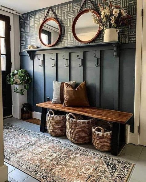 Garden Ideas And Home Decoration | Gorgeous entry!

📸 @julieciampadesign on instagram | Facebook Small Mudroom Ideas, Modern Farmhouse Interior Design, Mud Room Entry, Light Grey Walls, Accent Walls In Living Room, House Front Door, Home Entrance Decor, Farmhouse Interior, Home Upgrades