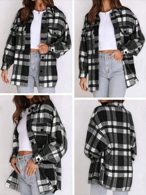 This womens shacket jacket flannel fabric is soft, wear-resistant, and has good warmth retention. Soft to the touch and incredibly comfortable to wear! Look no further for a nice and casual autumn/winter style! Plaid Shacket, Flannel Women, Flannel Jacket, Button Front Top, Oversized Blouse, Jacket Long, Casual Chic Outfit, Fall Street Style, Plaid Jacket