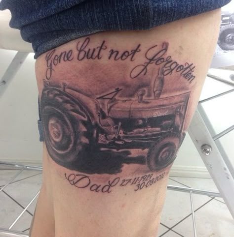 Cow Memorial Tattoo, Farmer Memorial Tattoo, Tractor Tattoo Memorial, Farmer Tattoo Ideas, Fire Department Tattoos, Tractor Tattoo, Farmer Tattoo, Trucker Tattoo, Papa Tattoo