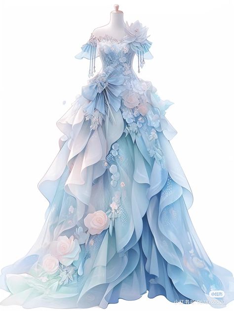 Pastel Blue Gown, Ballroom Dress Gowns, Blue Fantasy Dress, Dress Biru, Light Blue Gown, Pink And Blue Dress, Ballroom Gowns, Magical Dress, Dress Design Drawing