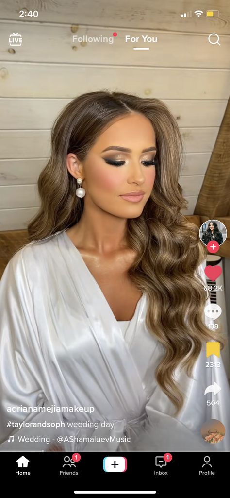 Makeup Wedding Ideas, Sophia Hill Wedding Makeup, Wedding Makeup On Brunette, Side Tuck Wedding Hair, Fall Wedding Makeup Bridesmaid Smokey Eye, Waved Bridal Hair, Bridal Party Hair And Makeup, Strapless Sleeve Wedding Dress, Brown Hair Down Wedding