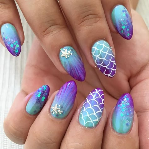 Little Mermaid Nails, Shell Nails, Mermaid Nail Art, Mermaid Nail, Kutek Disney, Colorful Nail, Purple Nail, Mermaid Nails, Vacation Nails