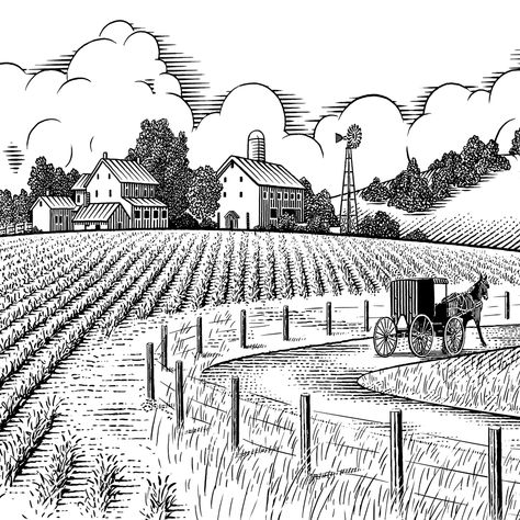 amish landscape paintings | Illustration of Farm House and Amish Buggy Farm Scenery, Amish Farm, Farm Landscape, Drawing Scenery, Scenery Drawing, Farmhouse Landscaping, Barn Art, Farm Art, Charcoal Art