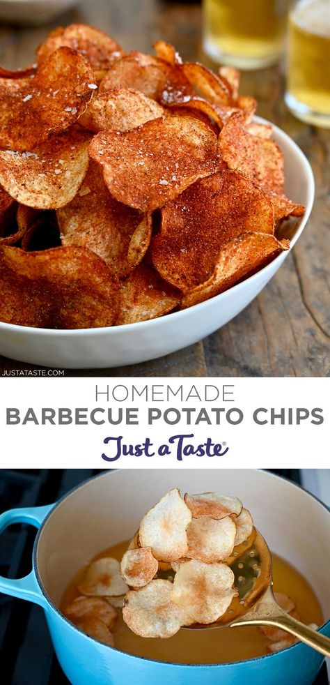 Top image: Homemade barbecue potato chips sprinkled with sea salt piled high in a bowl. Bottom image: A slotted spoon with freshly deep-fried potato chips over a pot of oil. Homemade Potato Chips Recipe, Potato Chips Homemade, Barbecue Chips, Chip Seasoning, Diy Barbecue, Barbecue Seasoning, Potato Chip Flavors, Bbq Chips, Potato Chip Recipes